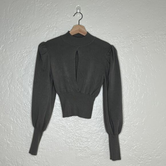 Zara Women's Green Keyhole Puff Sleeve Smocked Mock Neck Sweater Size Small - Picture 2 of 5